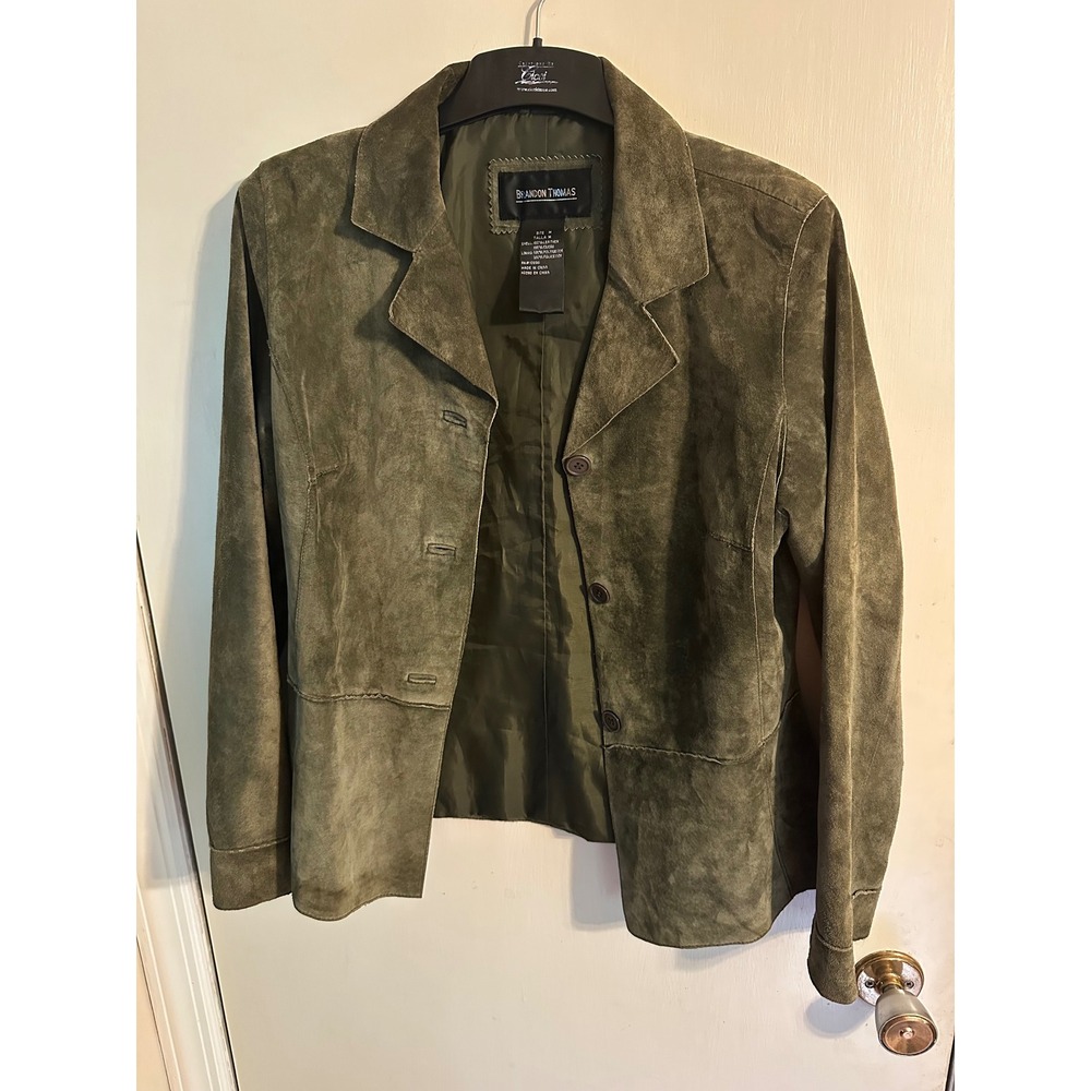 Brandon Thomas Womens Olive Green Suede Leather Button Front Blazer Jacket Sz M